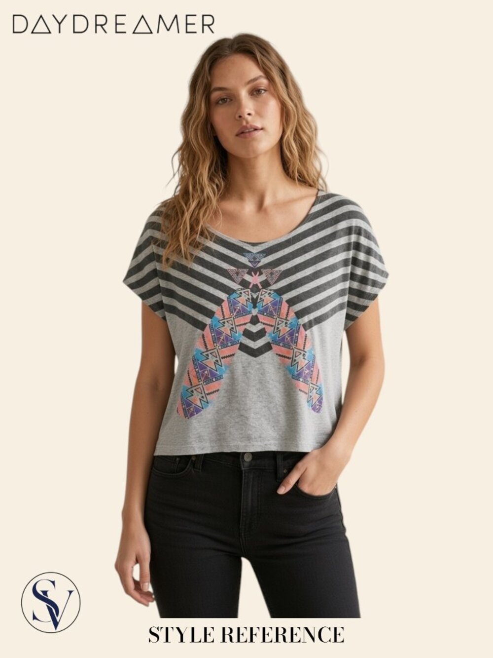 Daydreamer Gray Striped Crop Tee with Multicolor Tribal Arch Size L